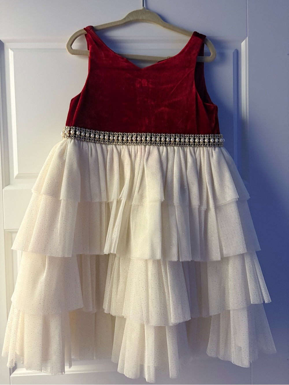 Girls Red Velvet and Ivory Tiered Tulle Dress with Jeweled Waist
